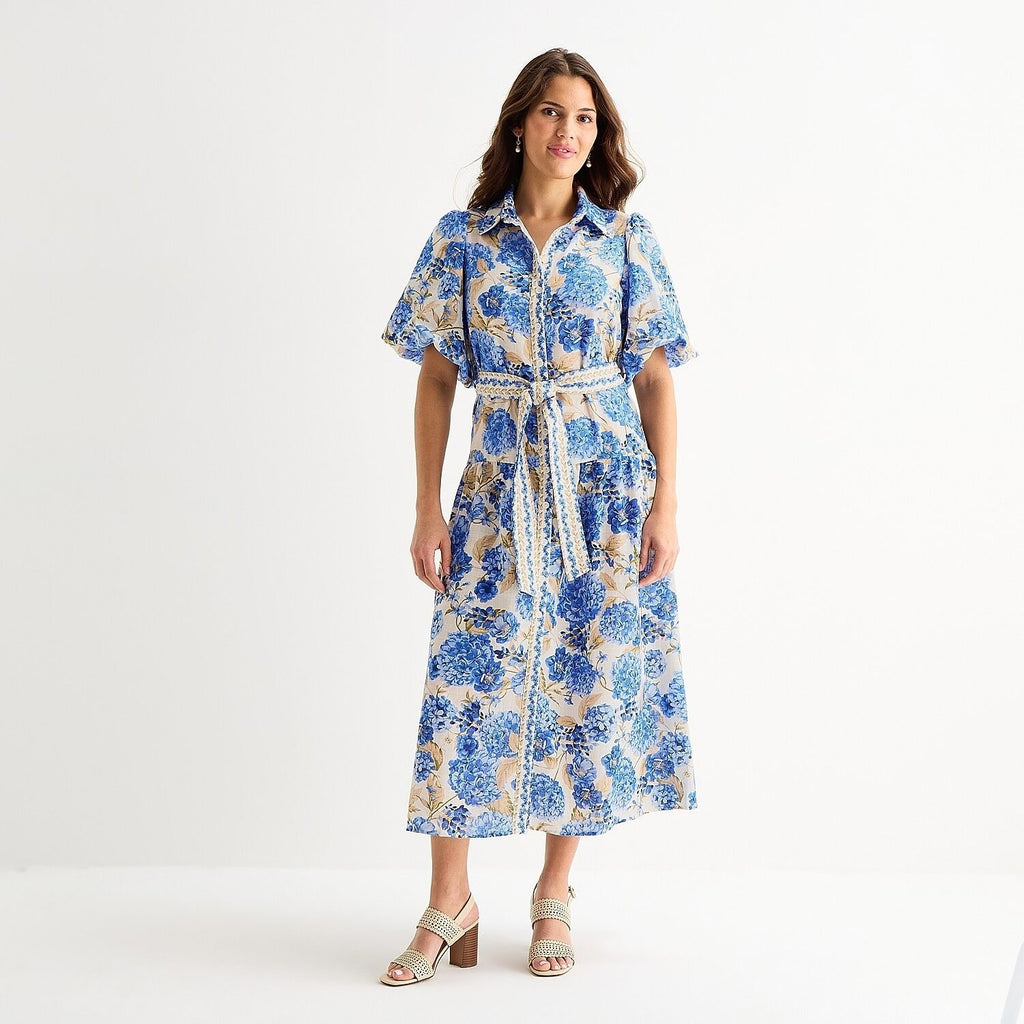 MSRP $89 Melonie T Womens 8 Ivory/Blue Floral Belted Midi Shirt Dress Short