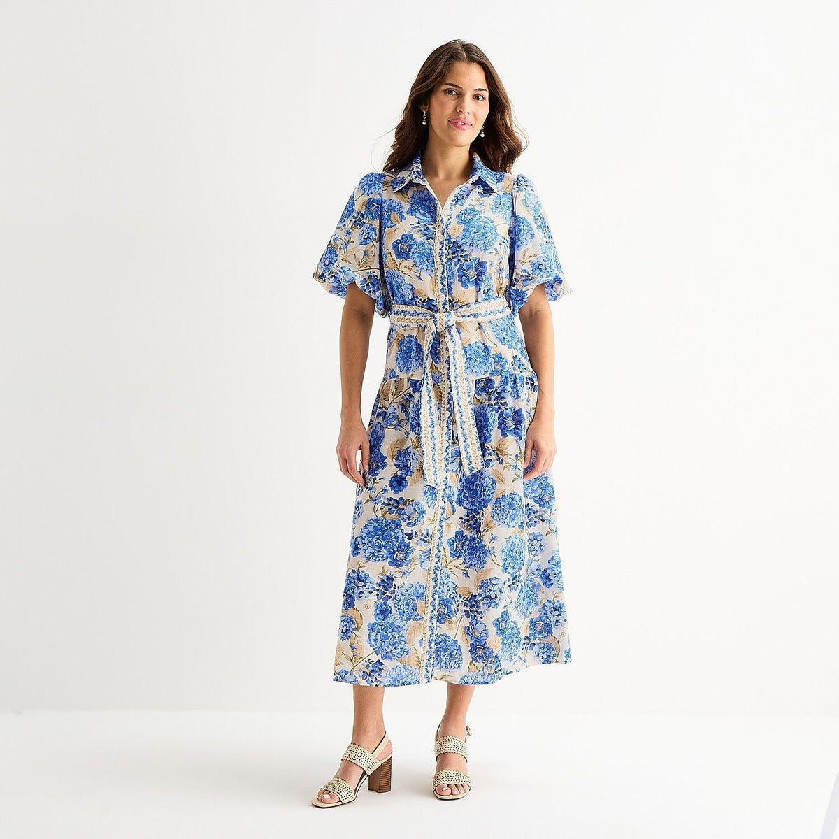 MSRP $89 Melonie T Womens 8 Ivory/Blue Floral Belted Midi Shirt Dress Short