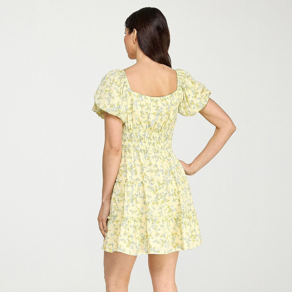 MSRP $64 Trixxi Women's Juniors L Yellow Floral Puffed Fit + Flare Dress Short