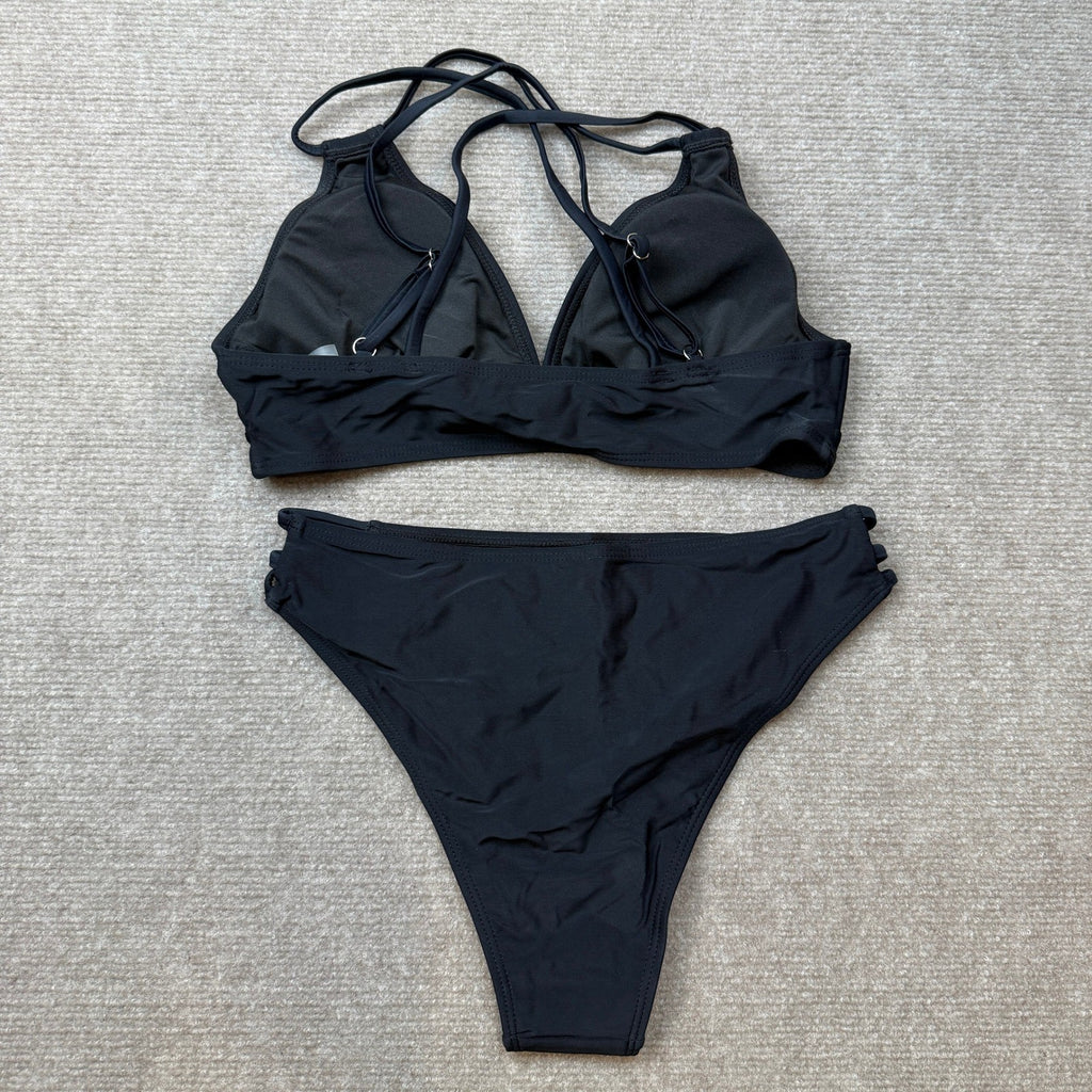 MSRP $37 Tainehs Women's S Black Push Up V Neck Bikini Set Criss Cross Back Two