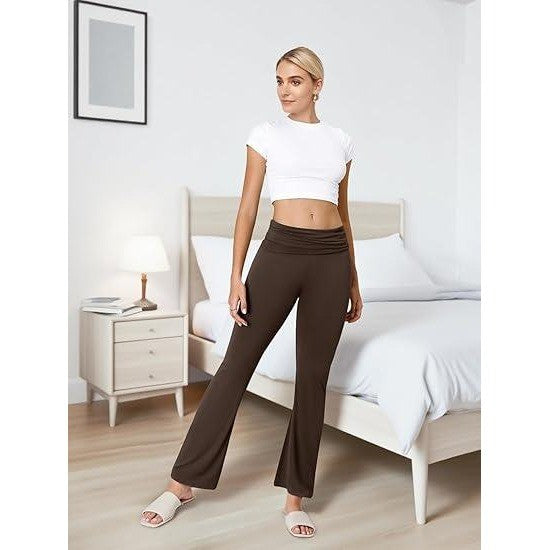 MSRP $19 COPYLEAF Women's Brown XS Flare Leggings Fold Over Yoga Pants Stretch