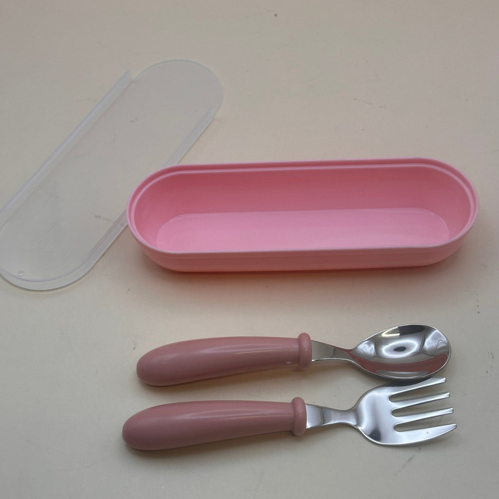 Set of 3 Kids Pink Stainless Steel Fork & Spoon w/ Storage Case Portable Travel