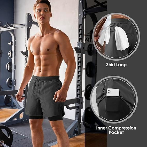 NIMOJIRO Men's M Dark Gray 2 in 1 Running Shorts Workout Athletic Training Gym O