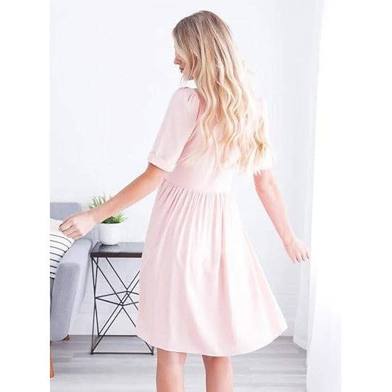 Wenseny Women's S Blush Dresses Button Down Sexy V-Neck Short Sleeve Casual High