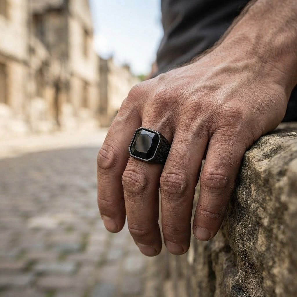 Mens Black CZ Stone Masonic Ring Black Stainless Steel Freemason Size 8-12