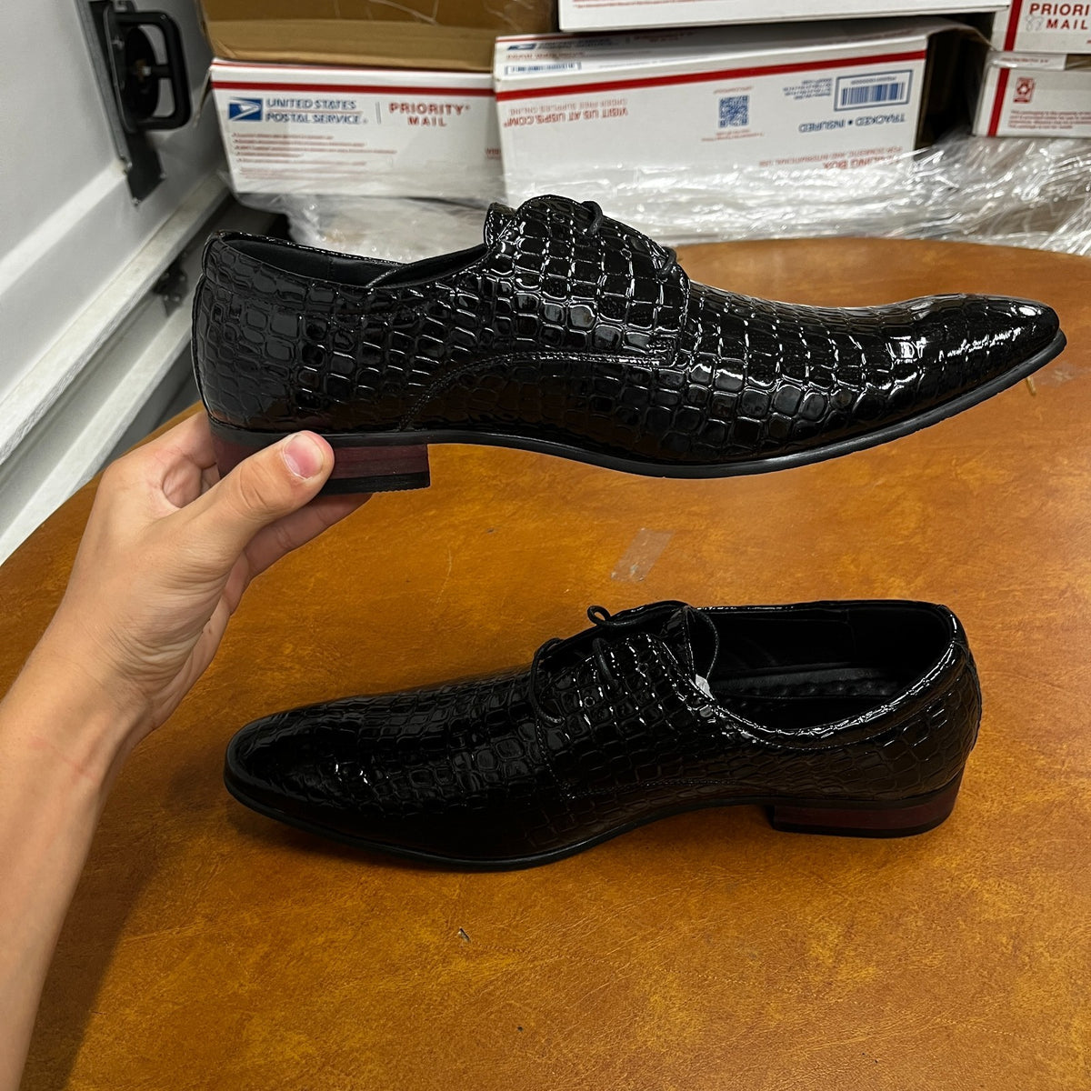 Santimon Men's US 8 - 12.5 Black Oxfords Alligator Patent Leather Dress Shoes