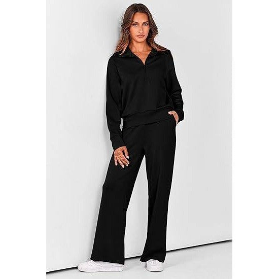 MSRP $46 PRETTYGARDEN Women's S Black 2 Piece Outfits Casual Lapel Half Zip S