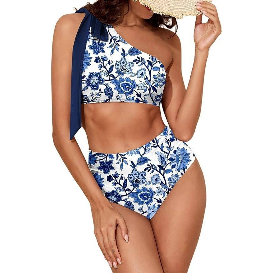 MSRP $35 Herseas Women's M One Bow Shoulder Bikini Set 2 Piece Ruched Swimsuit