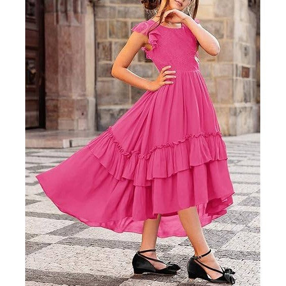 MSRP $46 HOSIKA Girls Rose Red 10-11Y Lace Boho Flower Girl Dress Ruffle Sleev