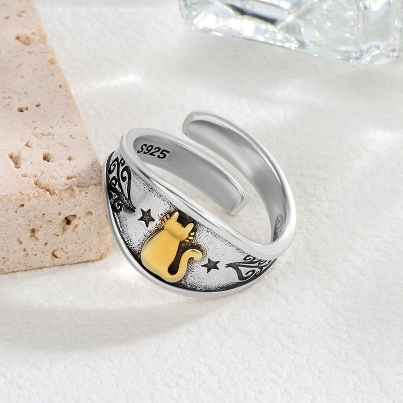 Cat Open Ring 925 Sterling Silver Women's Animal Jewelry Size 7 Adjustable 6-8