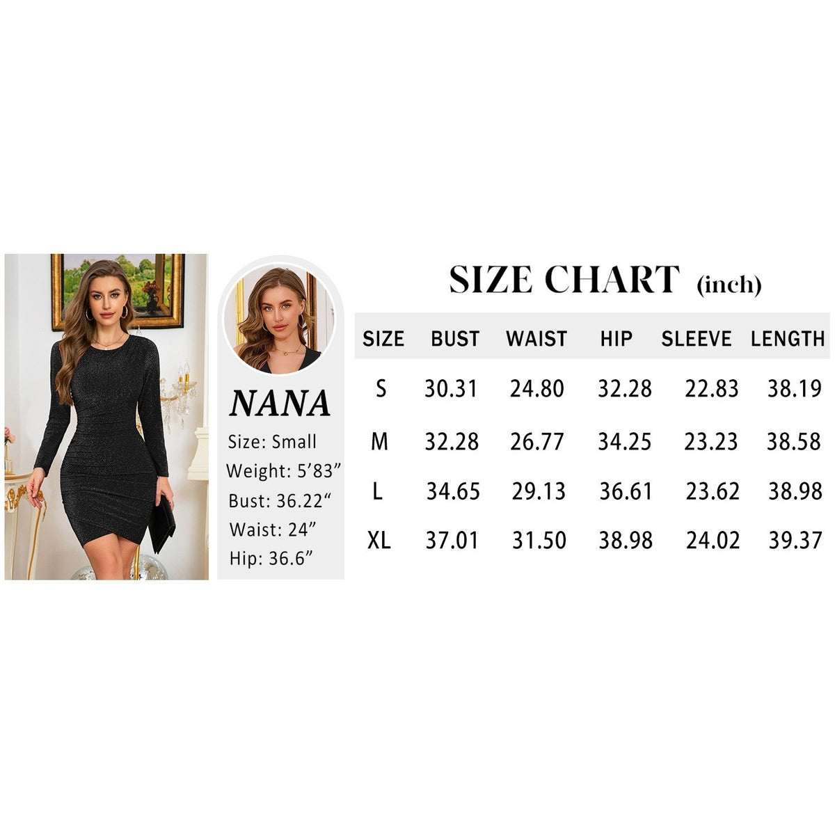 MSRP $61 ihot Women's M Glitter Party Dress Long Sleeve Crew Neck Faux Wrap Ruc