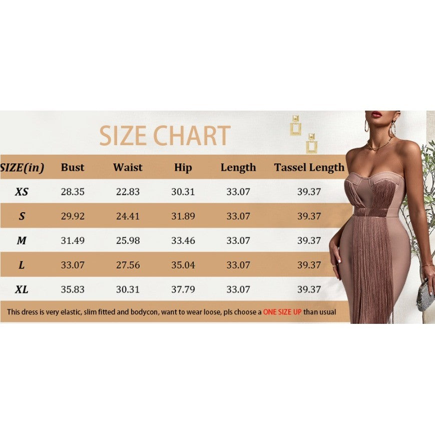 UONBOX Women's XL Black Strapless Elegant Tassel Tube Bodycon Bandage Dress