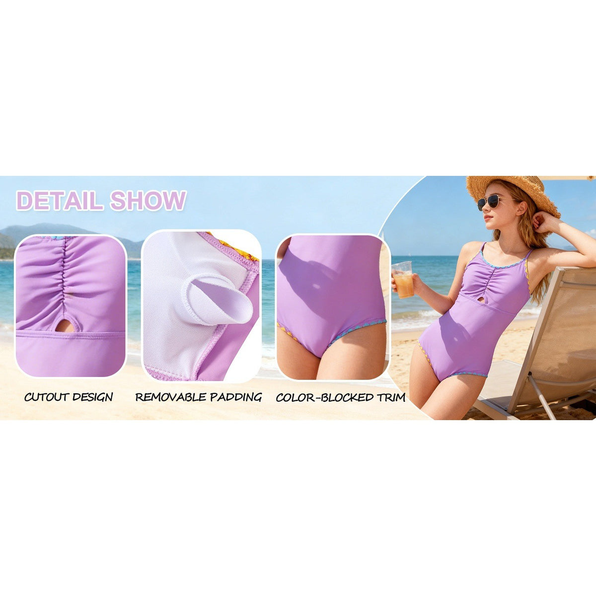 MSRP $23 Kids4ever Girls Light Purple 13-14Y One Piece Swimsuits Contrast Trim