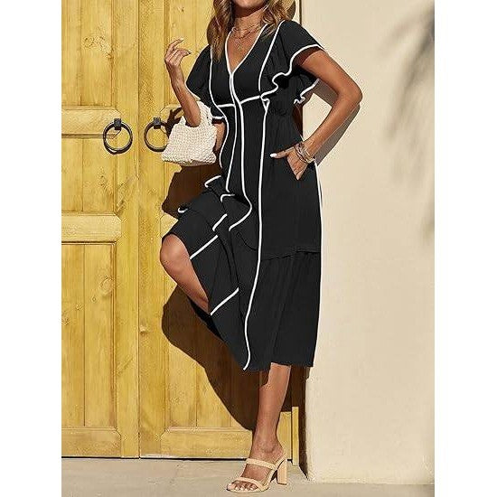 MSRP $48 Wenrine Women's S Black Summer V Neck Midi Dress Casual Ruffle Sleeve