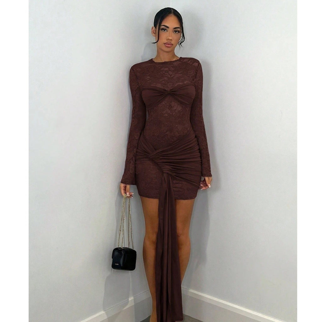 NWT Shein Bae Women's L Coffee Brown Lace Sheer Long Sleeve Ribbon Dress Club