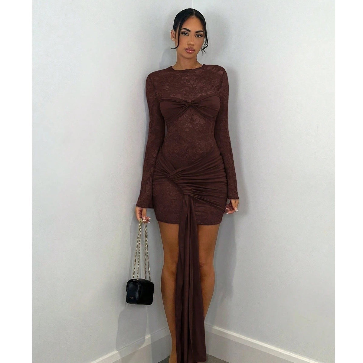 NWT Shein Bae Women's L Coffee Brown Lace Sheer Long Sleeve Ribbon Dress Club
