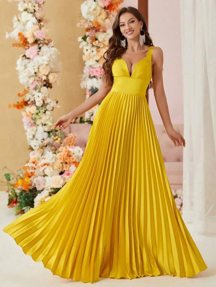 SHEIN Belle Elegant Pleated Eye-Catching Yellow Women's Sz M 6 Evening Cami Dres