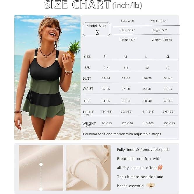 MSRP $34 XUNYU Women's XL Green/Black Two Piece Tankini Swimsuits Tummy
