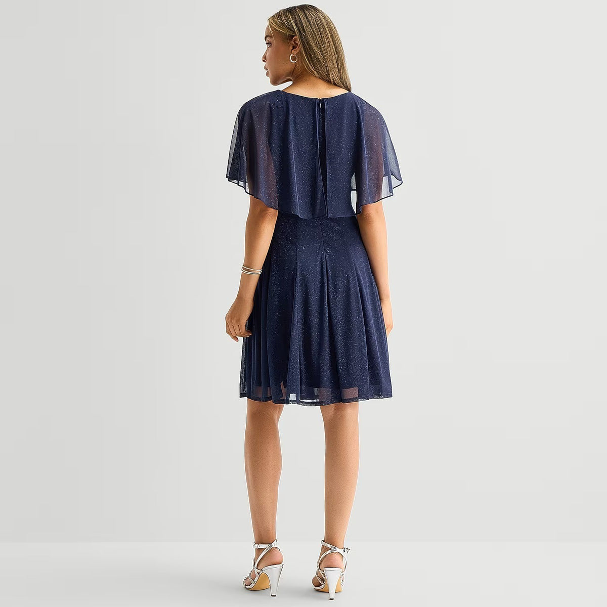 MSRP $100 J Taylor Womens 16 Navy Chiffon Glitter Short Sleeve Fit + Flare Dress