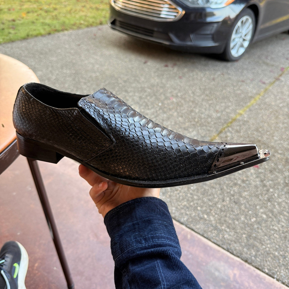 Santimon Men's US 12.5 Black Leather Metal Tip Pointed Toe Slip On Loafers Shoes