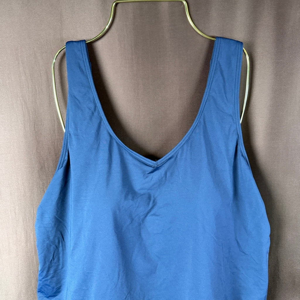 Lands' End Women's L LONG Deep Sea Navy V Neck One Piece Fauxkini Swimsuit