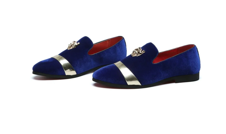 Santimon Mens US 7-11 Blue Velvet Loafers Golden Animal Buckle Slip-On Shoes