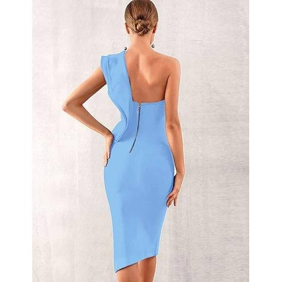 UONBOX Women's XS Light Blue One Shoulder Sleeveless Side Split Bandage Dress