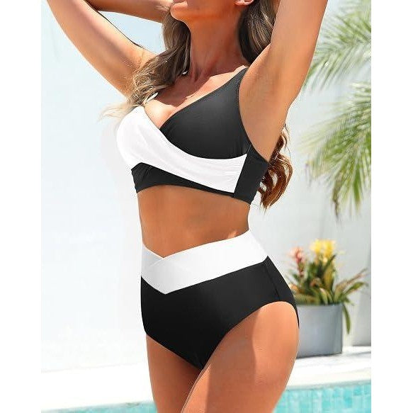 MSRP $42 Aqua Eve Womens XL Black/White 2 Piece Swimsuits High Waist Bikini Tw