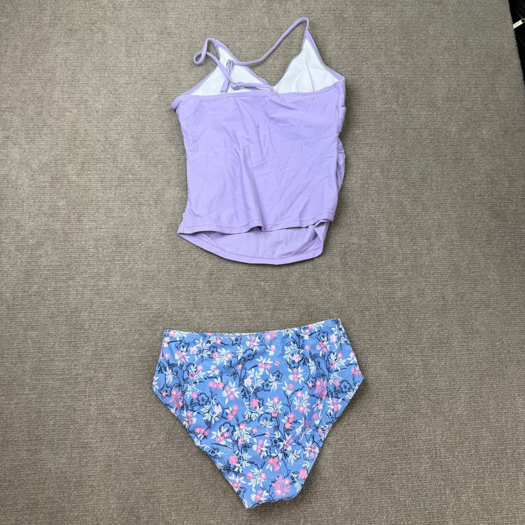 MSRP $26 Girls 11-12Y Purple Swimsuit Tankini Criss Cross Ruched 2 Piece Bathin