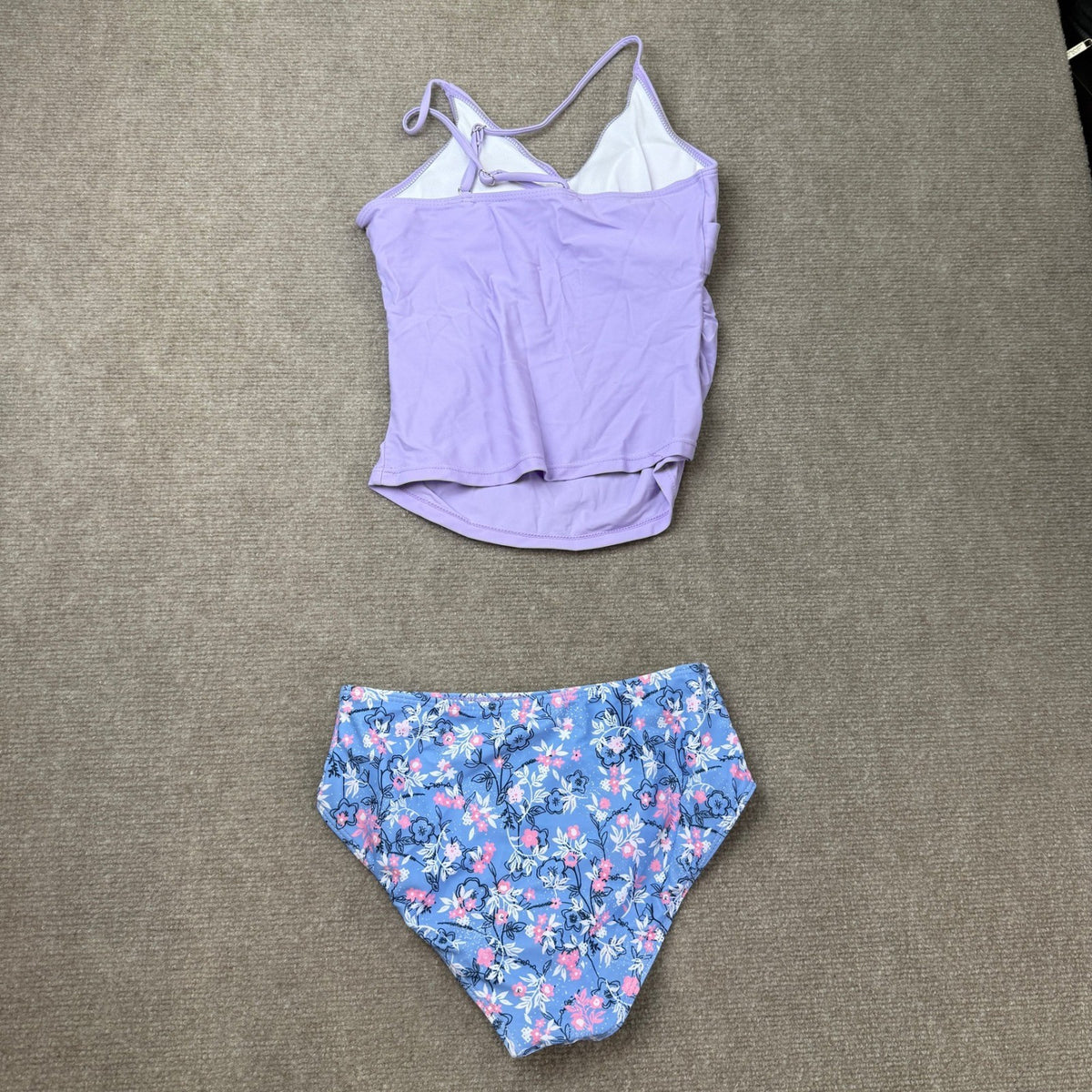 MSRP $26 Girls 11-12Y Purple Swimsuit Tankini Criss Cross Ruched 2 Piece Bathin