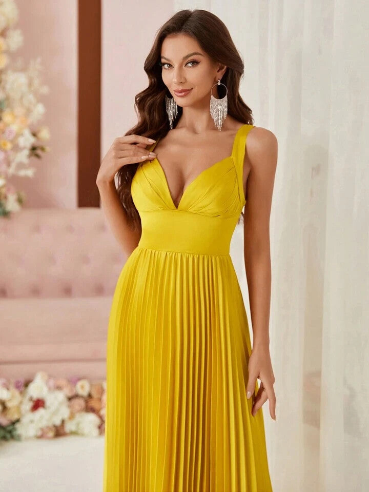 SHEIN Belle Elegant Pleated Eye-Catching Yellow Women's Sz M 6 Evening Cami Dres