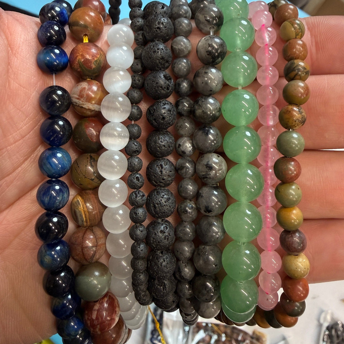 Set of 10 Natural Gemstone Round Beads Strands 15" Sizes 6,8,10 mm 12oz №B23