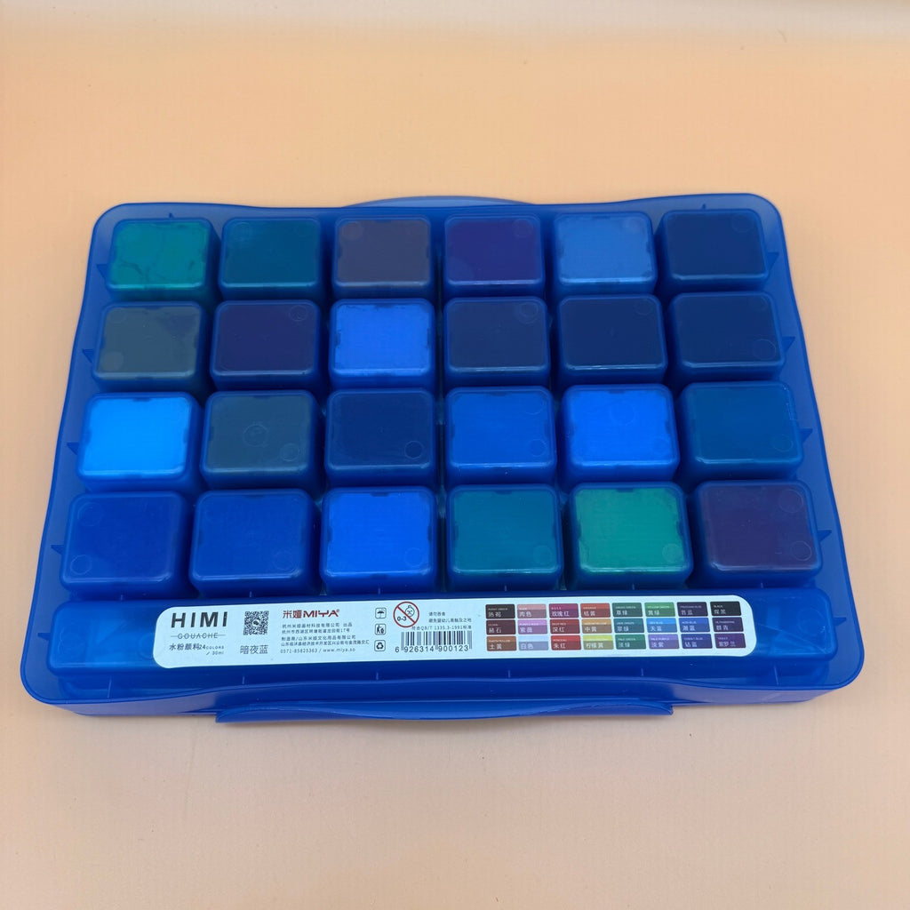 HIMI Blue Gouache Paint Set 24 Colors x 30ml Jelly Cup with 3 Paint Brushes and