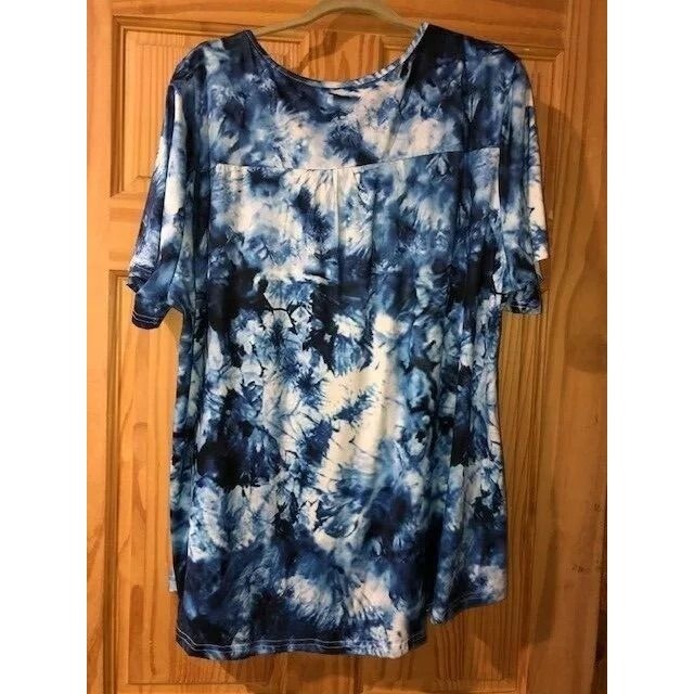 VOGRACE Women's 28W Plus Size Short Sleeve Blue Tye Die Henley Shirt Flowy Tun