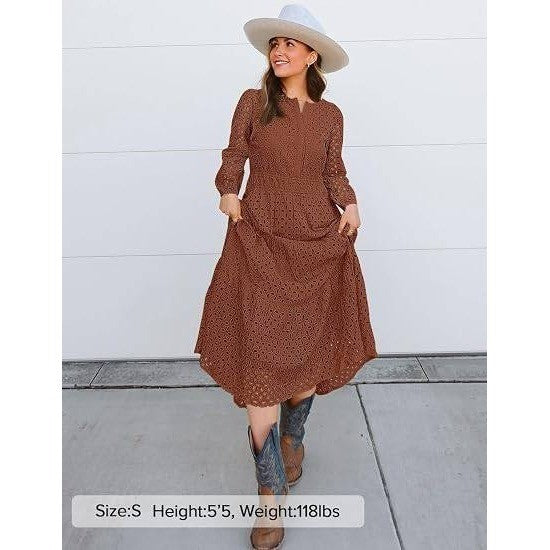 MSRP $78 ZESICA Women's L Brown Fall Long Sleeve Eyelet Maxi Dress V Neck Hollow