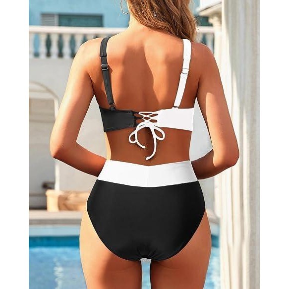 MSRP $42 Aqua Eve Womens XL Black/White 2 Piece Swimsuits High Waist Bikini Tw
