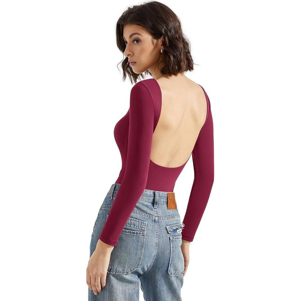 MSRP $38 SUUKSESS Women's XS Maroon Backless Y2k Long Sleeve Bodysuit Double