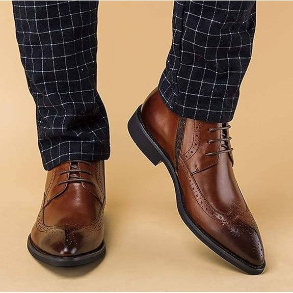 Santimon Men's US 9 Brown Wingtip Pointed Toe Lace Up Ankle Dress Boots Side Zip