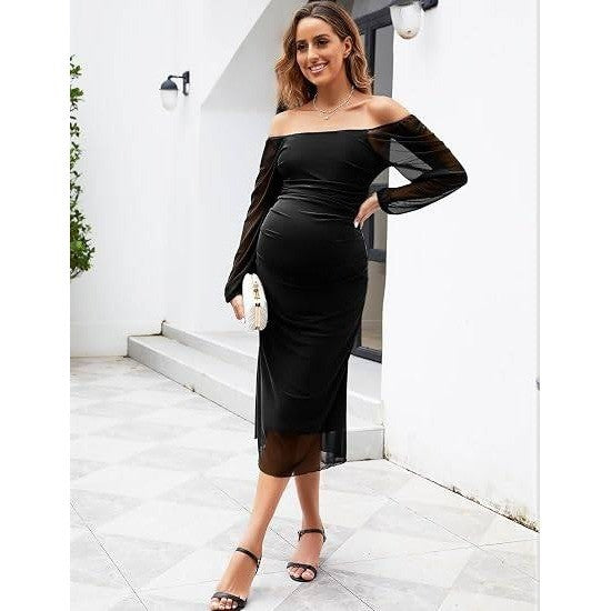 MSRP $60 AISWI L Black Mesh Ruched Maternity Dress Long Sleeves Square Neck