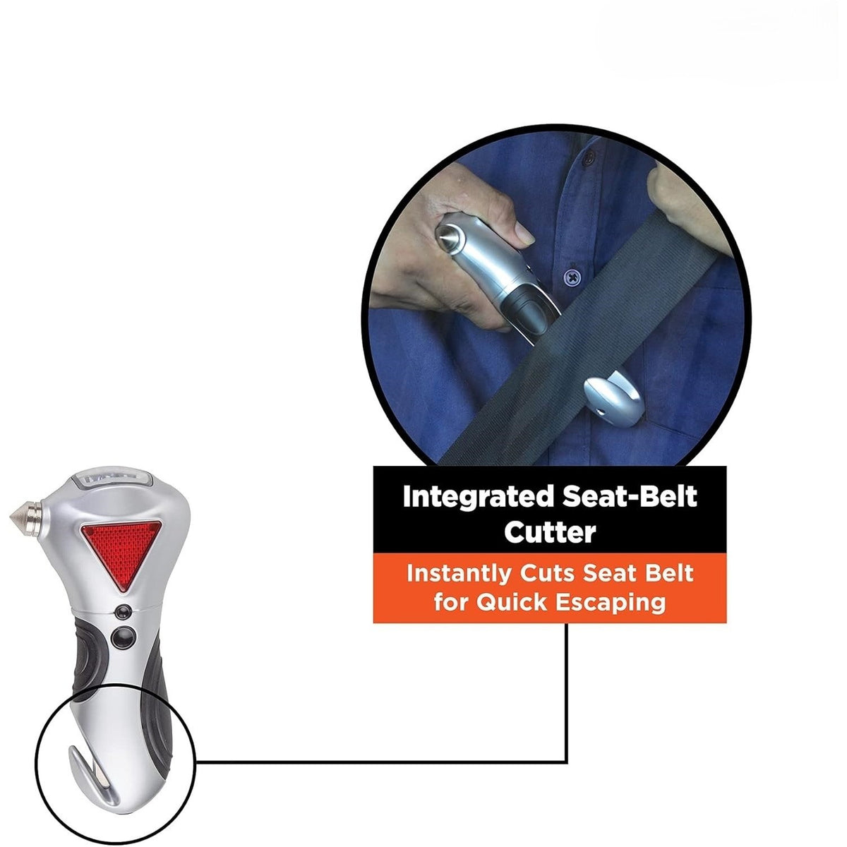 4-in-1 Car Escape Tool - Window Breaker, Seat Belt Cutter, Flashing Hazard Lig