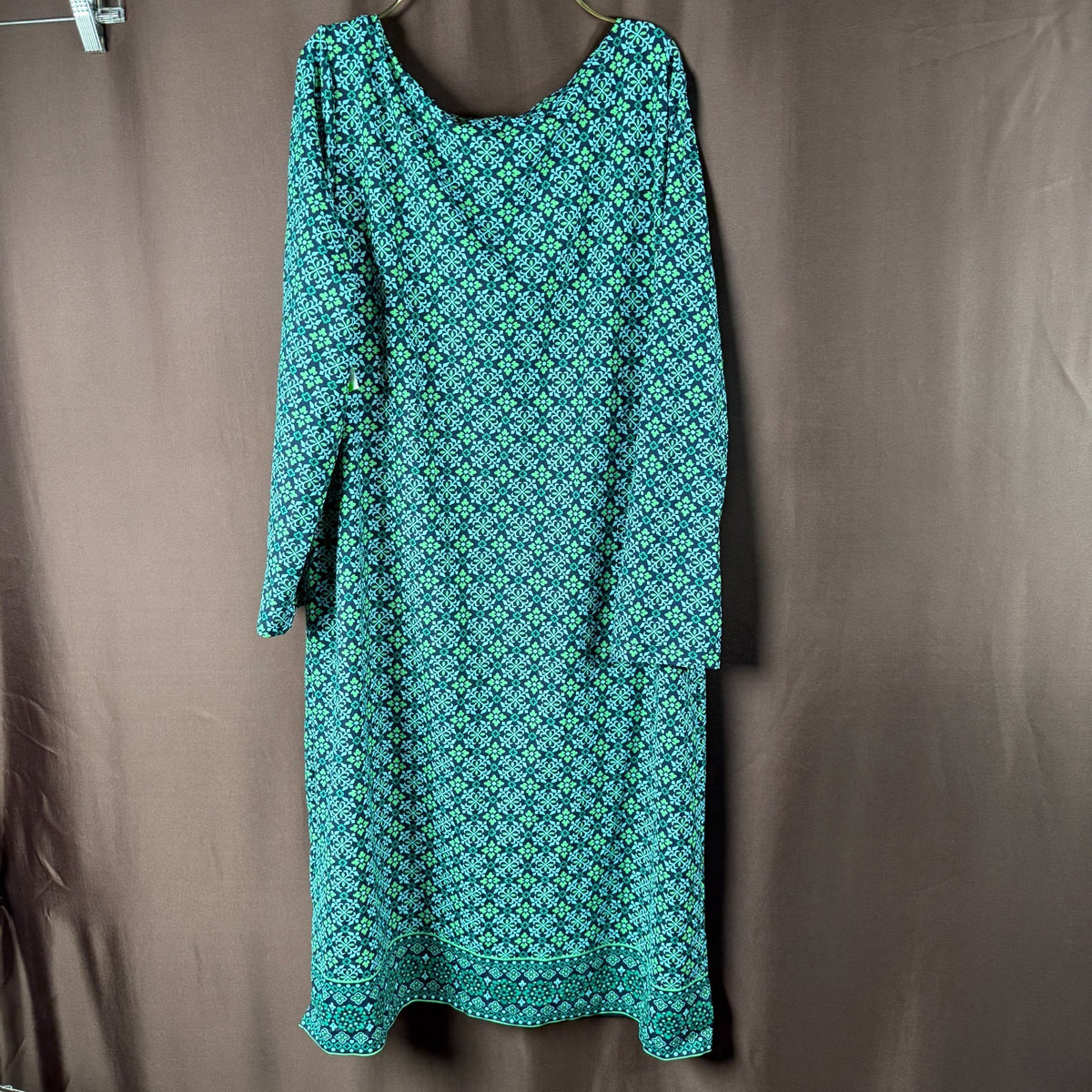 Lands' End Women's M-1X LONG Green 3/4 Sleeve Boatneck Swim Cover-up Dress