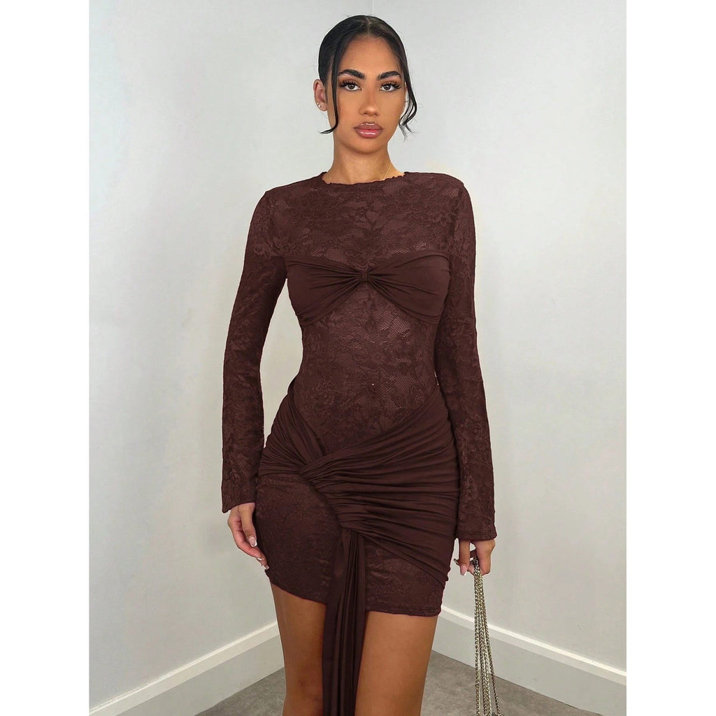 NWT Shein Bae Women's L Coffee Brown Lace Sheer Long Sleeve Ribbon Dress Club