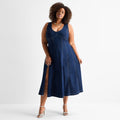 MSRP $90 Ashley Graham Womens 20W Rinse Denim V Neck Sleeveless A-Line Dress