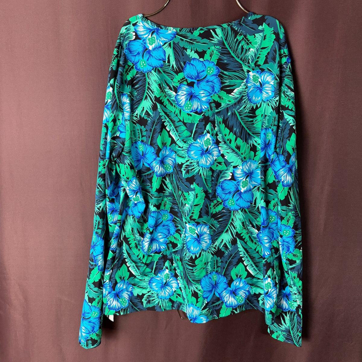Lands' End Women's XS Green Floral Long Sleeve Crewneck Swim Rash Guard