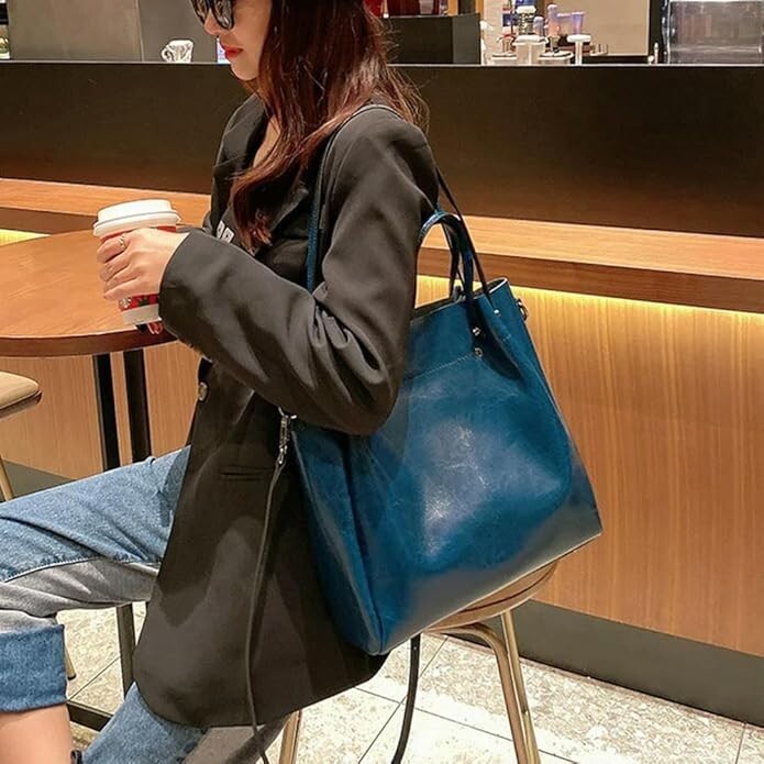 Women's One-shoulder Large Casual Tote Fashion Messenger Cowhide Leather Bag Blu