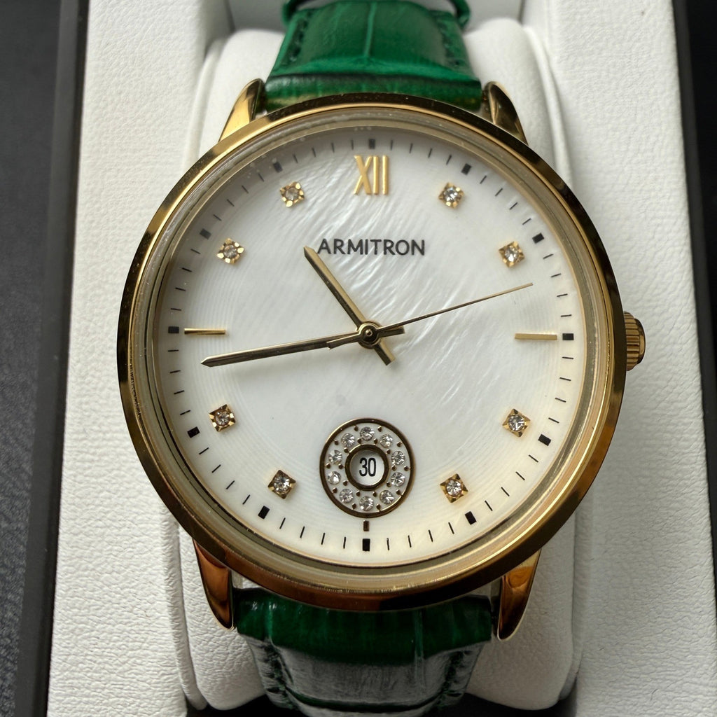 Armitron 75/5834GP Women's Gold Tone Crystal Green Leather Strap Watch New Batt