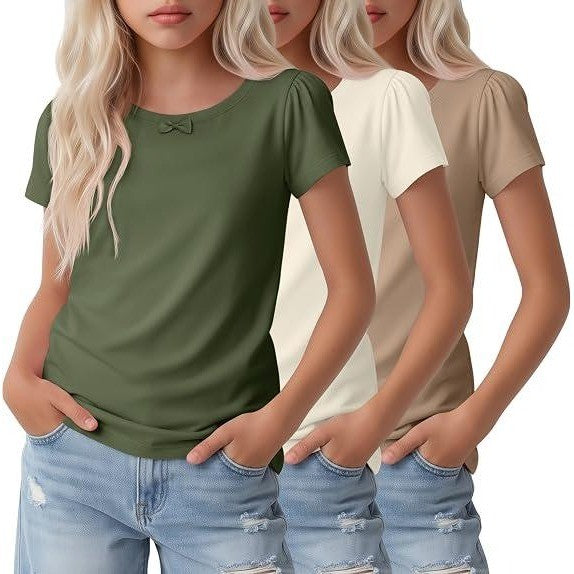 NWT LessonZoo 3 Pack Girls 7-8Y Cream/Khaki/Olive Green Bow Crewneck Tees Short