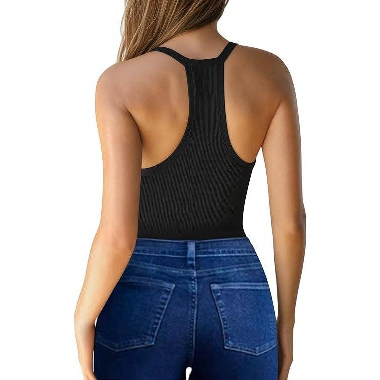MSRP $20 MANGOPOP Women's M Black V-Neck Ribbed Tank Top Bodysuits Racerback