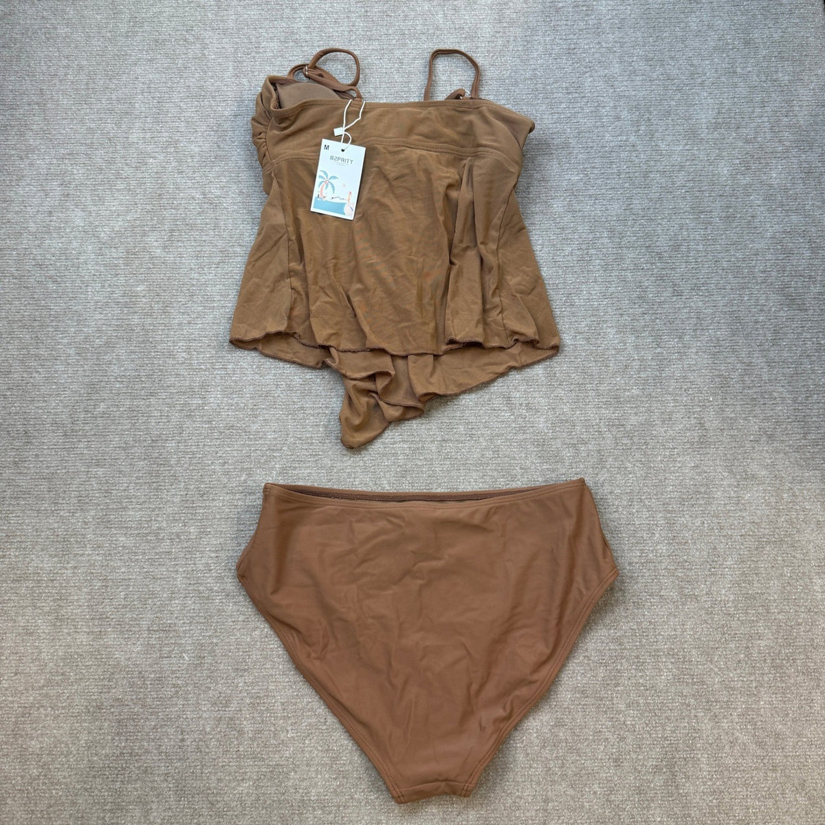 MSRP $52 B2prity Women's M Brown Tankini Swimsuit Tummy Control Flowy Mesh Top