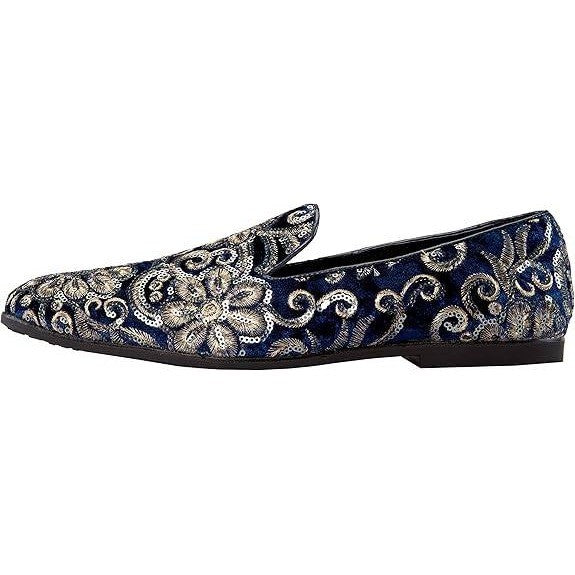 Amali Men's US 12 Navy Velvet Embroidered Sequin Smoking Loafers Slip On Shoes